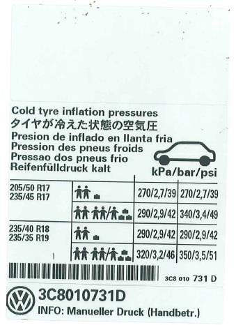 3C8010731D VAG Табличка с указаниемдавления в шинах