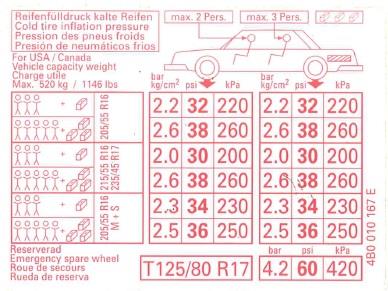 4B0010167E VAG Табличка норм давлениявоздуха в шинах