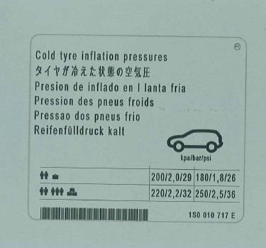 1S0010717E VAG Табличка норм давлениявоздуха в шинах