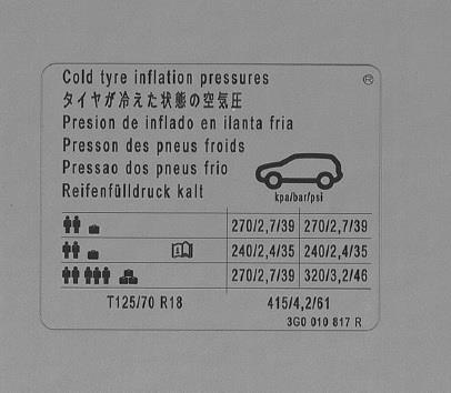 3G0010817R VAG Табличка норм давлениявоздуха в шинах