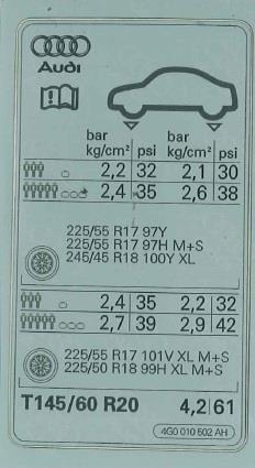 4G0010502AH VAG Табличка норм давлениявоздуха в шинах