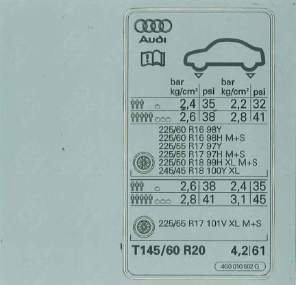 4G0010502Q VAG Табличка норм давлениявоздуха в шинах