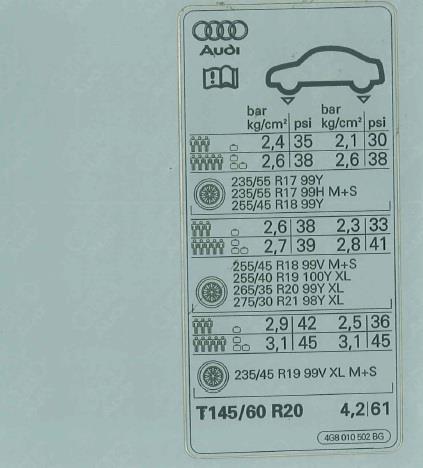 4G8010502BG VAG Табличка норм давлениявоздуха в шинах