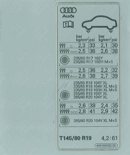 4H0010502EK VAG Табличка норм давлениявоздуха в шинах