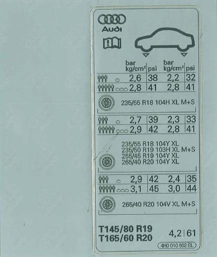 4H0010502EL VAG Табличка норм давлениявоздуха в шинах