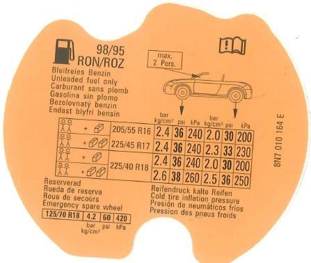 8N7010164E VAG Табличка норм давлениявоздуха в шинах