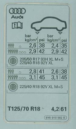 8V0010502E VAG Табличка норм давлениявоздуха в шинах