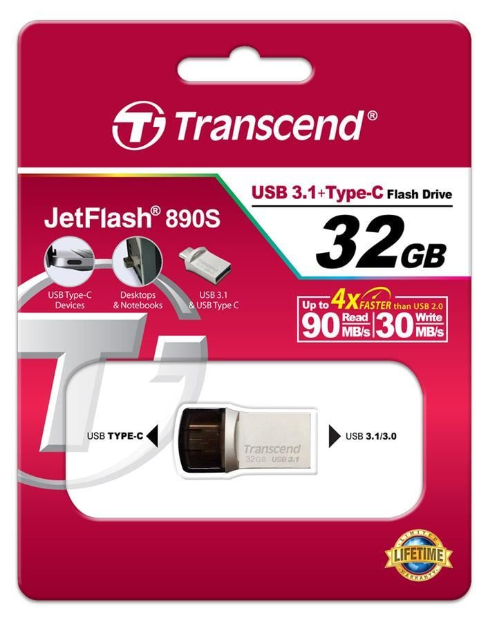 Transcend TS32GJF890S Накопичувач Transcend 32GB USB 3.1 + Type-C 890 R90 / W30MB / s Metal Silver TS32GJF890S: Приваблива ціна - Купити в Україні на EXIST.UA!