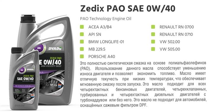 DYADE Lubricants 575454 Моторна олива DYADE Lubricants Zedix PAO 0W-40, 1л 575454: Купити в Україні - Добра ціна на EXIST.UA!