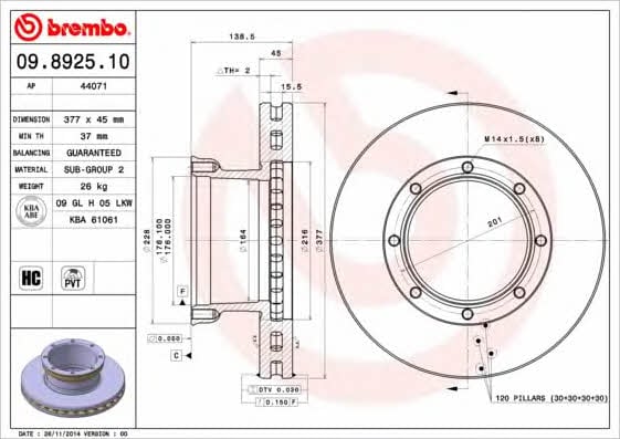 Тормозной диск задний вентилируемый Brembo 09.8925.10