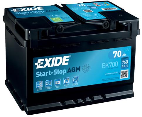 Батарея аккумуляторная Exide Start-Stop AGM 12В 70Ач 760A(EN) R+ Exide EK700