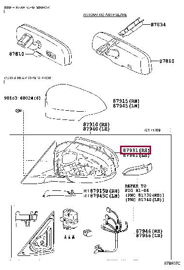 8793133A11 Toyota Стекло зеркала заднего вида