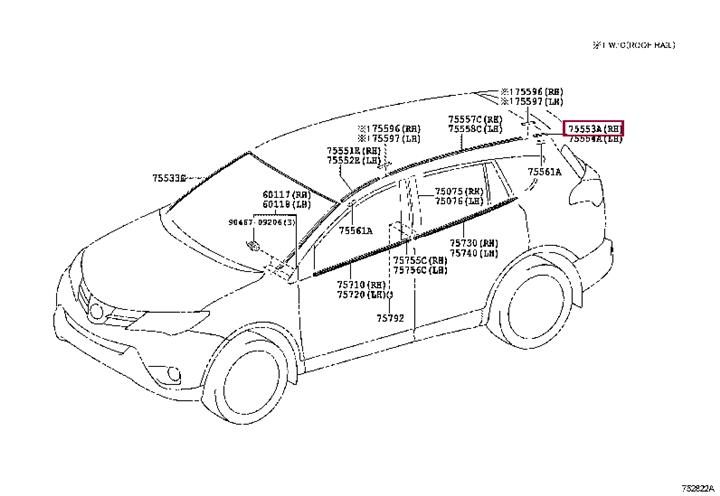 7555342030 Toyota Молдинг крыши задний правый, roof drip side finish, rear rh
