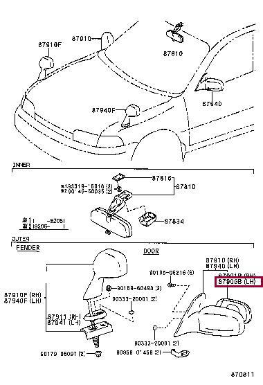879611E060 Toyota Стекло зеркала наружного, lh