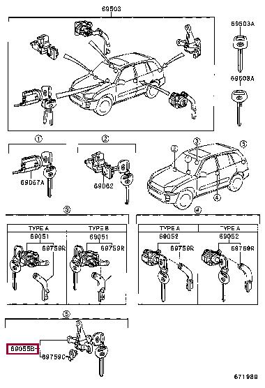 6905542070 Toyota Личинка замка для задних дверей с комплектом ключей