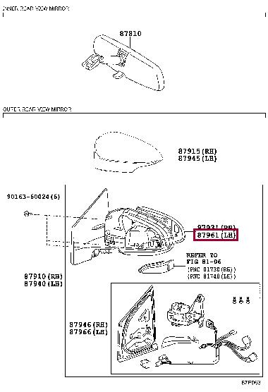 Зеркало наружное заднего вида левое Toyota 87961-12E90
