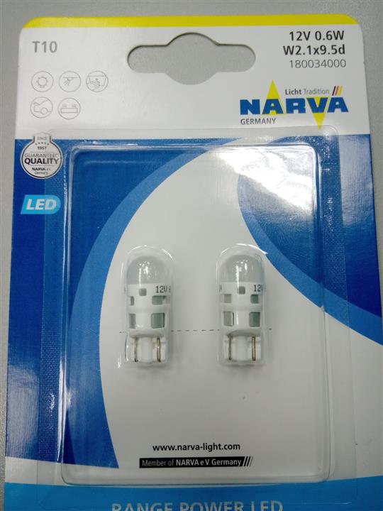 Narva 180034000 Лампа світлодіодна Narva Range Power LED T10 12V W2,1x9,5d (2 шт.) 180034000: Купити в Україні - Добра ціна на EXIST.UA!