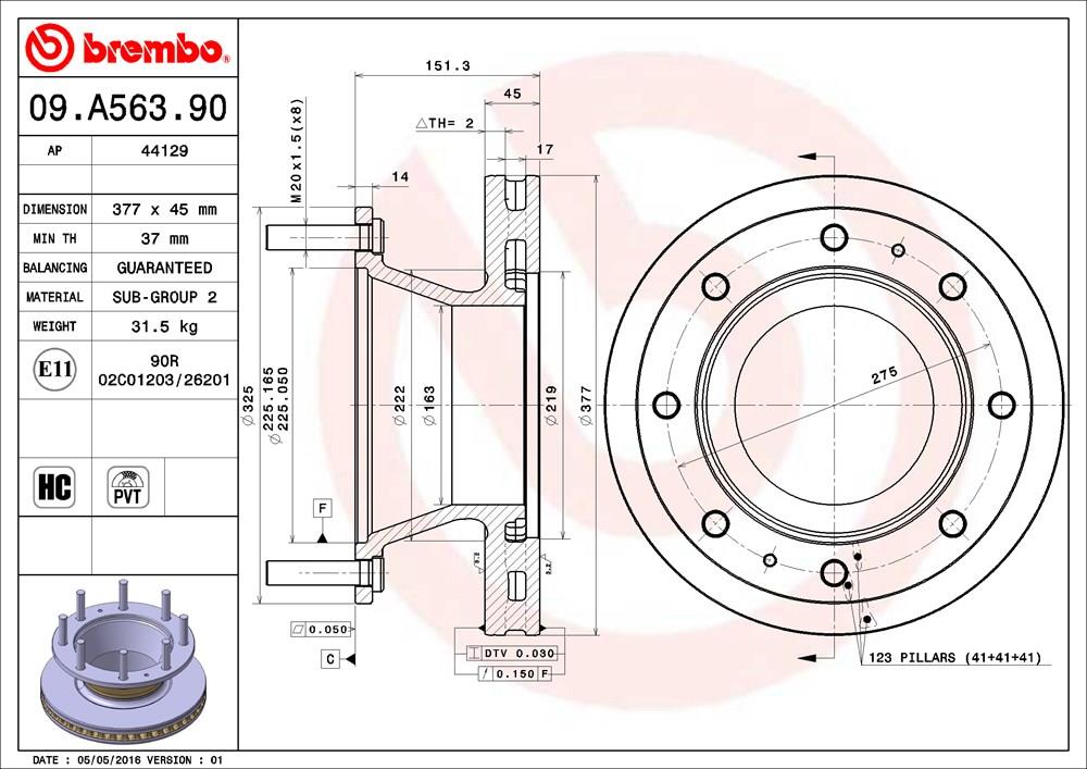 Тормозной диск вентилируемый, 1 шт. Brembo 09.A563.90