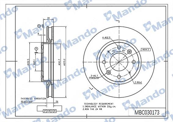 Mando MBC030173 Диск гальмівний передній вентильований MBC030173: Купити в Україні - Добра ціна на EXIST.UA!