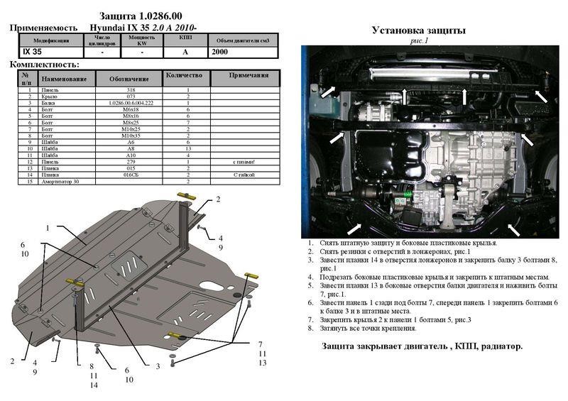 Защита двигателя Kolchuga премиум 2.0286.00 для Hyundai IX35 (2010-), (КПП, радиатор) Kolchuga 2.0286.00