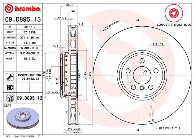 Тормозной диск вентилируемый, 1 шт. Brembo 09.D895.13