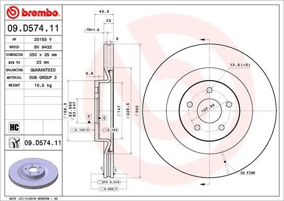 09D57411 Brembo Тормозной диск передний вентилируемый