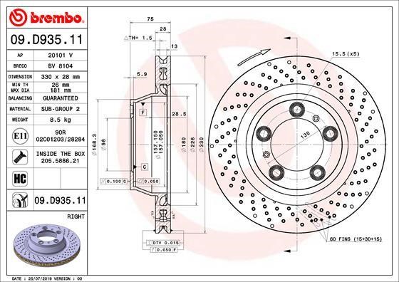 Brembo 09.D935.11 Диск гальмівний вентильований з перфорацією 09D93511: Приваблива ціна - Купити в Україні на EXIST.UA!