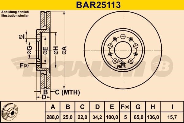 Barum BAR25113 Диск гальмівний вентильований, 1 шт. BAR25113: Купити в Україні - Добра ціна на EXIST.UA!
