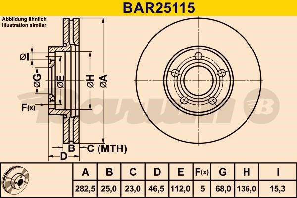 Barum BAR25115 Диск гальмівний вентильований, 1 шт. BAR25115: Купити в Україні - Добра ціна на EXIST.UA!