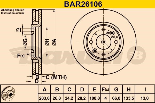 Barum BAR26106 Диск гальмівний вентильований, 1 шт. BAR26106: Купити в Україні - Добра ціна на EXIST.UA!