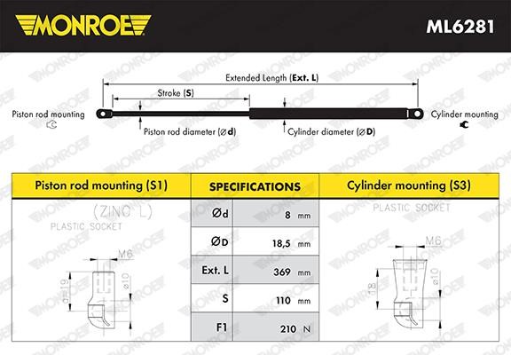 Monroe ML6281 Пружина газова капоту ML6281: Купити в Україні - Добра ціна на EXIST.UA!