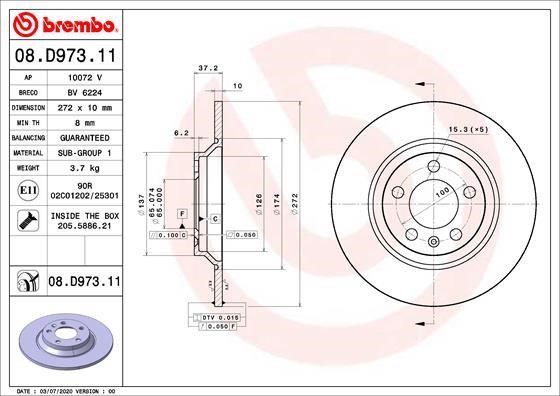 Brembo 08.D973.11 Диск гальмівний задній невентильований 08D97311: Купити в Україні - Добра ціна на EXIST.UA!