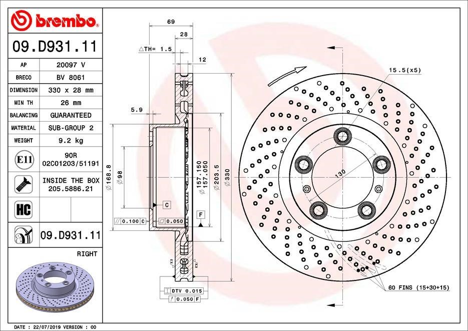 Brembo 09.D931.11 Диск гальмівний вентильований з перфорацією 09D93111: Купити в Україні - Добра ціна на EXIST.UA!