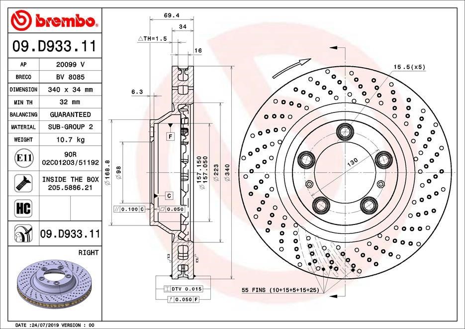 Brembo 09.D933.11 Диск гальмівний вентильований з перфорацією 09D93311: Купити в Україні - Добра ціна на EXIST.UA!