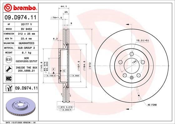 Brembo 09.D974.11 Диск гальмівний передній вентильований 09D97411: Купити в Україні - Добра ціна на EXIST.UA!