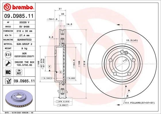 Brembo 09.D985.11 Диск гальмівний передній вентильований 09D98511: Купити в Україні - Добра ціна на EXIST.UA!