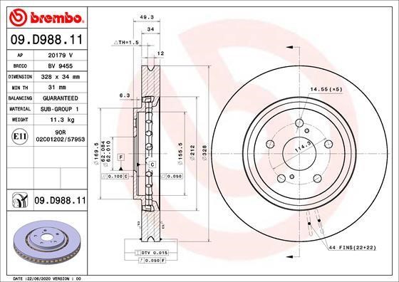Brembo 09.D988.11 Диск гальмівний передній вентильований 09D98811: Купити в Україні - Добра ціна на EXIST.UA!