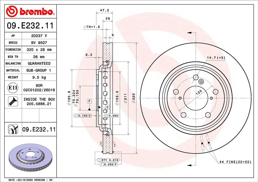 Brembo 09.E232.11 Диск гальмівний передній вентильований 09E23211: Купити в Україні - Добра ціна на EXIST.UA!