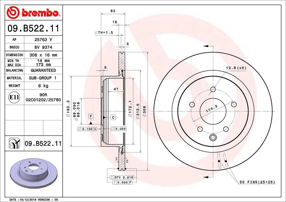 Brembo 09.B522.11 Диск гальмівний задній вентильований 09B52211: Купити в Україні - Добра ціна на EXIST.UA!