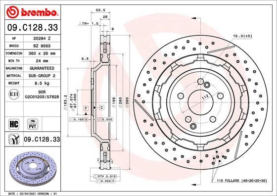 Brembo 09.C128.33 Диск гальмівний задній вентильований 09C12833: Купити в Україні - Добра ціна на EXIST.UA!
