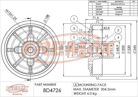 Fremax BD-4726-KT Барабан гальмівний задній BD4726KT: Приваблива ціна - Купити в Україні на EXIST.UA!