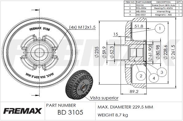 Fremax BD-3105-KT Барабан гальмівний задній BD3105KT: Приваблива ціна - Купити в Україні на EXIST.UA!