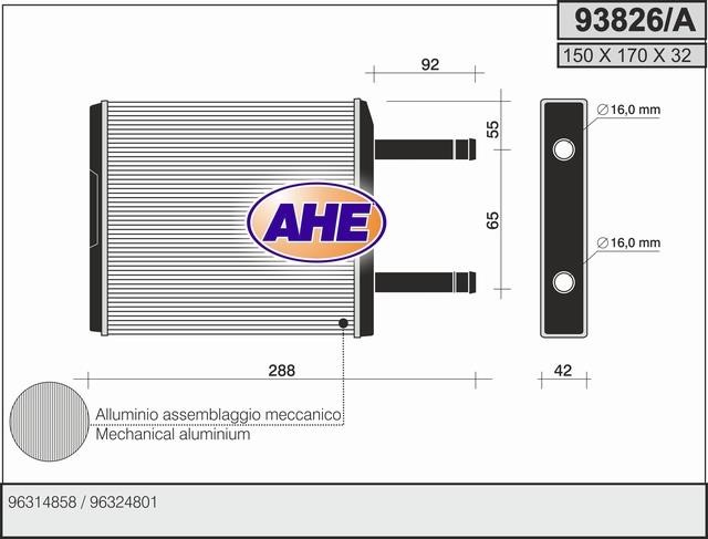 AHE 93826/A Радіатор опалювача салону 93826A: Приваблива ціна - Купити в Україні на EXIST.UA!
