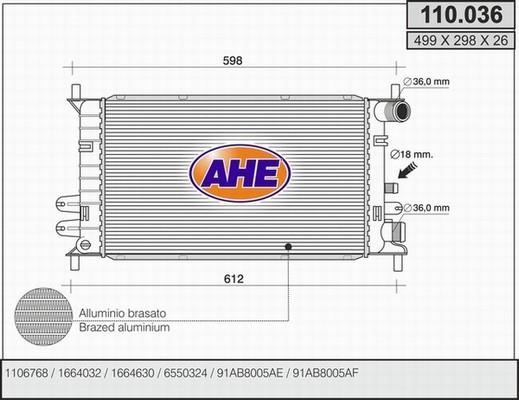 AHE 110.036 Радіатор охолодження двигуна 110036: Приваблива ціна - Купити в Україні на EXIST.UA!