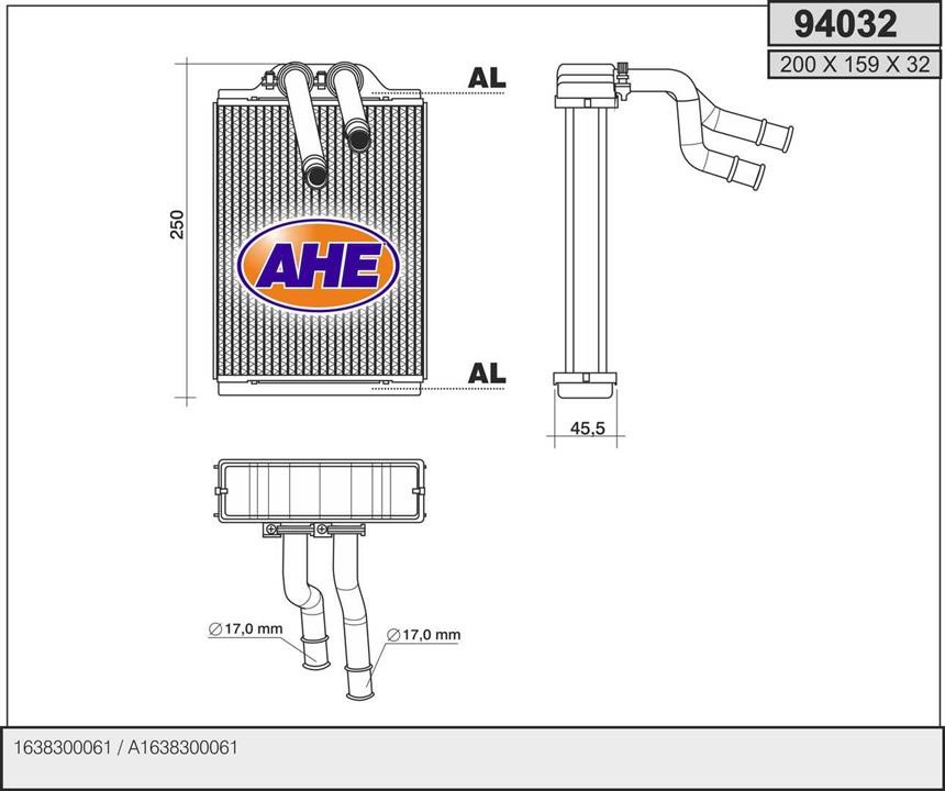 AHE 94032 Теплообмінник, система опалення салону 94032: Купити в Україні - Добра ціна на EXIST.UA!