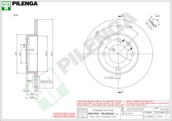 Pilenga 5151 Диск гальмівний передній невентильований 5151: Приваблива ціна - Купити в Україні на EXIST.UA!