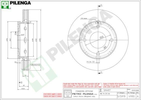 Pilenga V990 Диск гальмівний передній вентильований V990: Приваблива ціна - Купити в Україні на EXIST.UA!