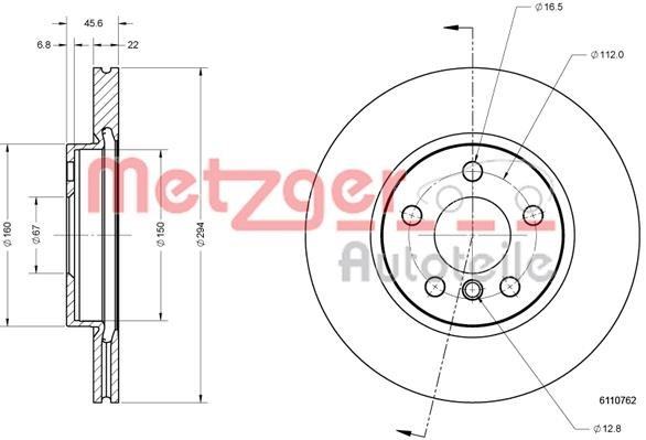 Metzger 6110762 Диск гальмівний передній вентильований 6110762: Купити в Україні - Добра ціна на EXIST.UA!