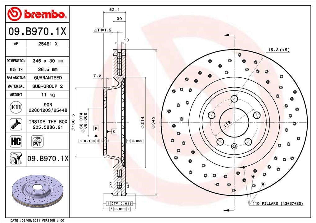 Brembo 09.B970.1X Диск гальмівний передній вентильований 09B9701X: Купити в Україні - Добра ціна на EXIST.UA!