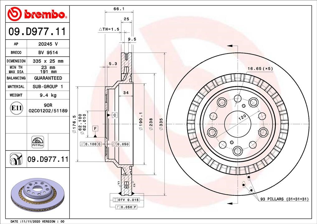 Brembo 09.D977.11 Диск гальмівний задній вентильований 09D97711: Купити в Україні - Добра ціна на EXIST.UA!